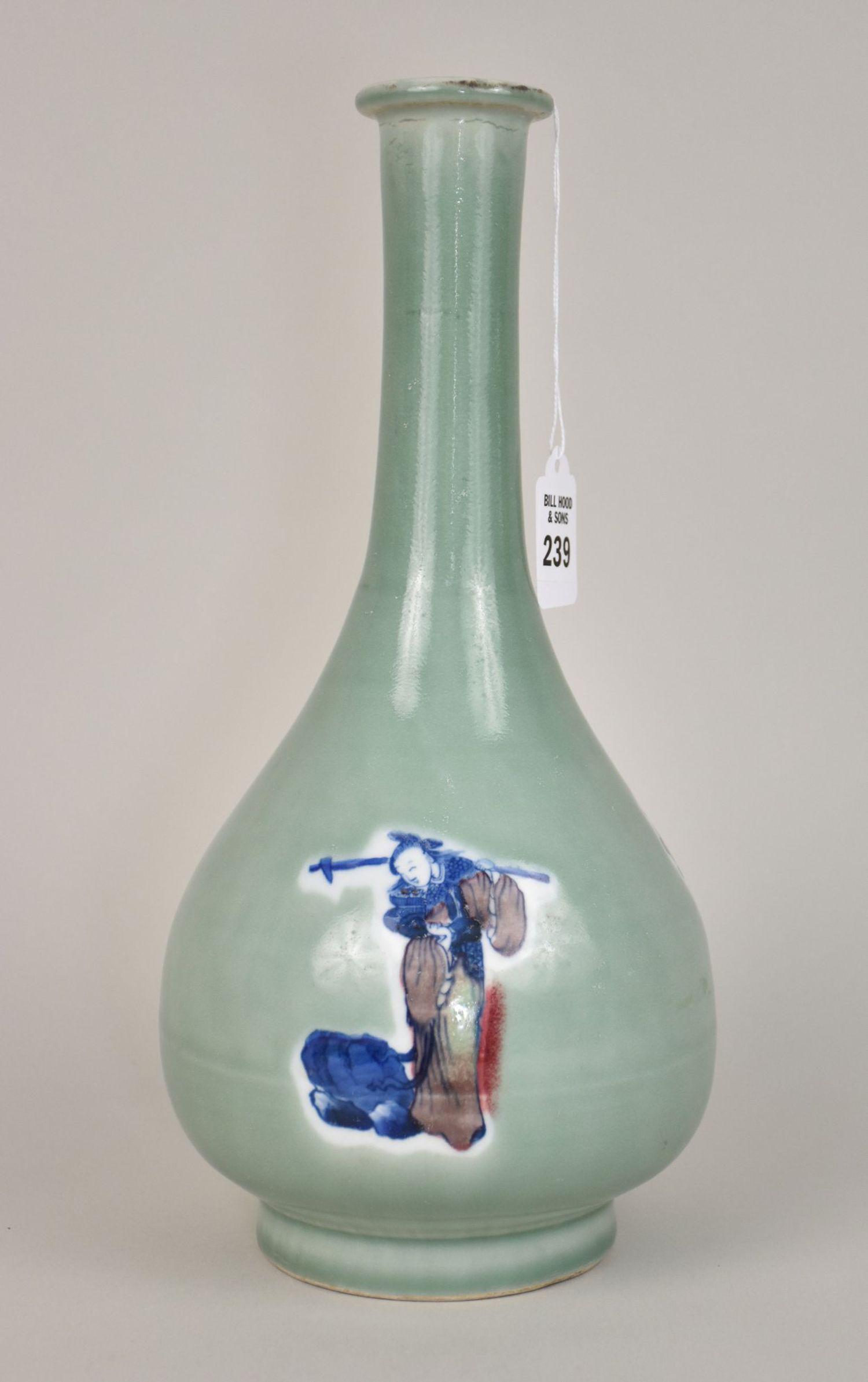 Chinese Blue & Red Underglaze Celadon Ground Porcelain Vase - A long necked pear-shaped vase (1 of 9)