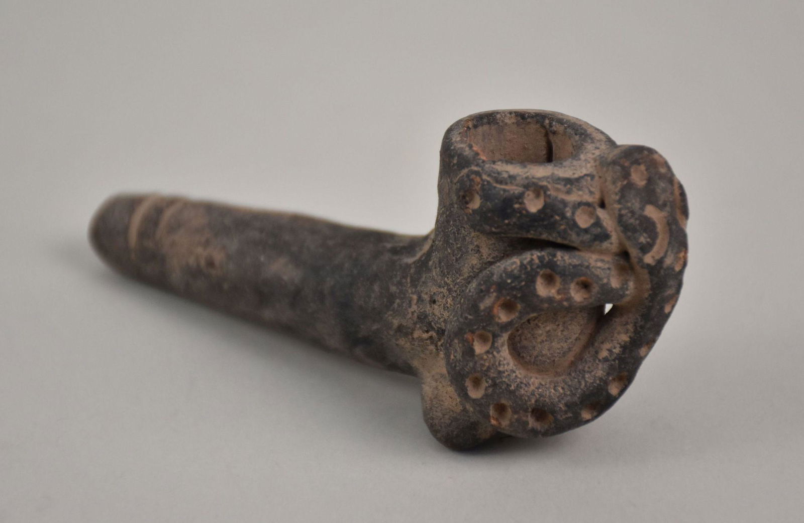 Ancient Mayan Artifact Clay Pipe with snake Fetish sculpted on front. 600-900 AD. 3 3/4" x 1 3/4". (1 of 5)