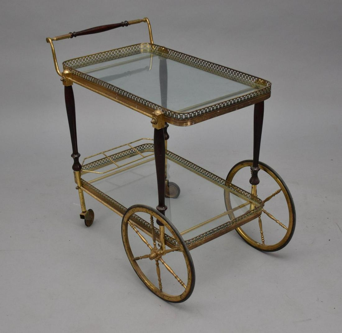 Antique French Gold Plated Metal Bar or Tea Cart circa 1900â€™s. Rosewood handle bar and side (1 of 3)