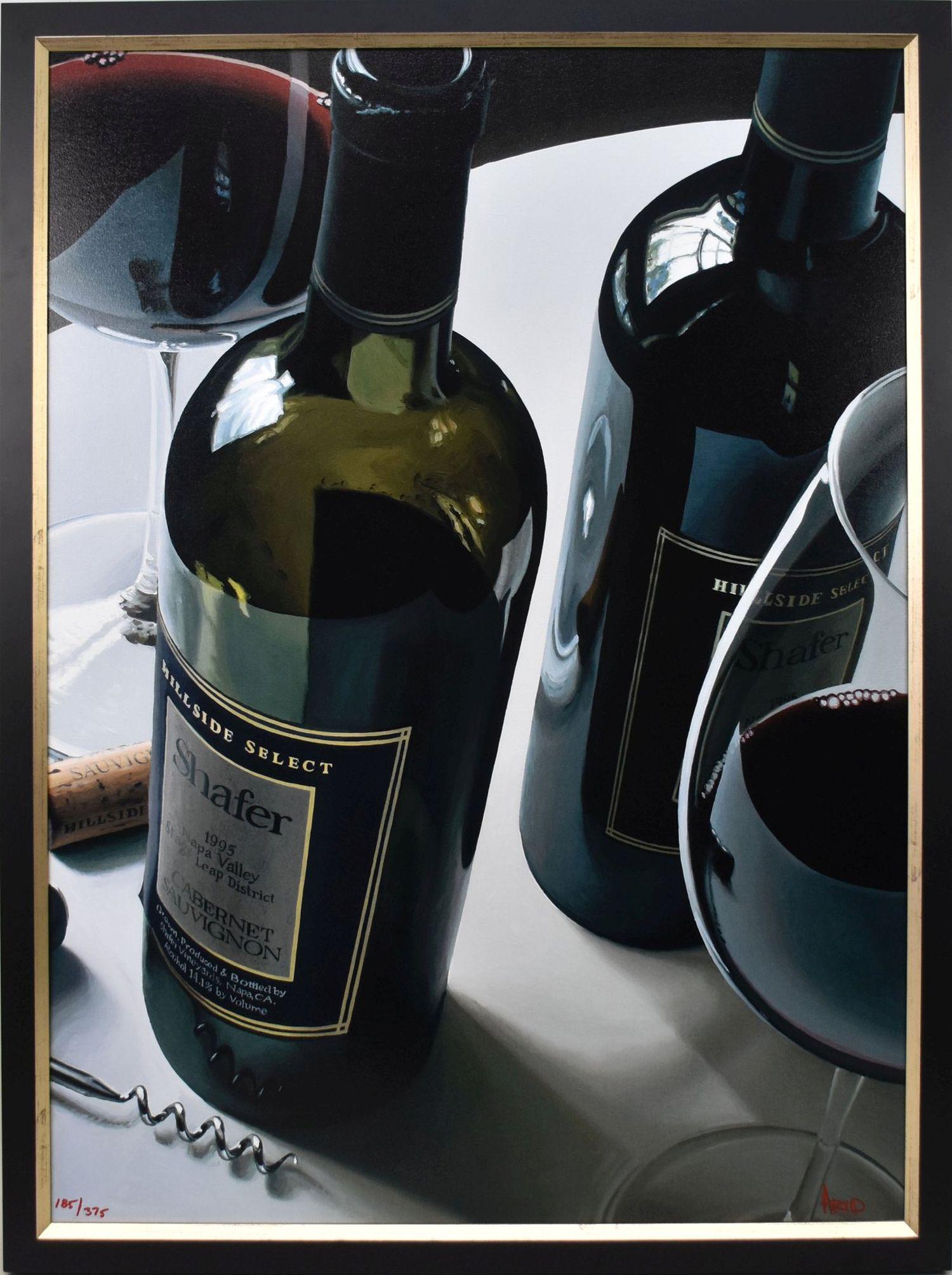 Thomas Arvid (American 20th|21st Ct.), giclee on canvas titled: "Twice The Fun". Features a still: Thomas Arvid (American 20th|21st Ct.), giclee on canvas titled: "Twice The Fun". Features a still life depiction of two bottles of wine and glasses of wine. Set in an ebonized frame and signed: number