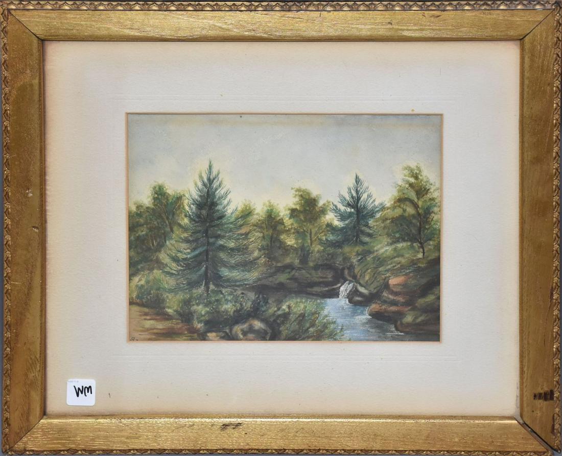 American school, watercolor on paper, tree and river landscape scene, initialed SJF lower left, 8 (1 of 5)