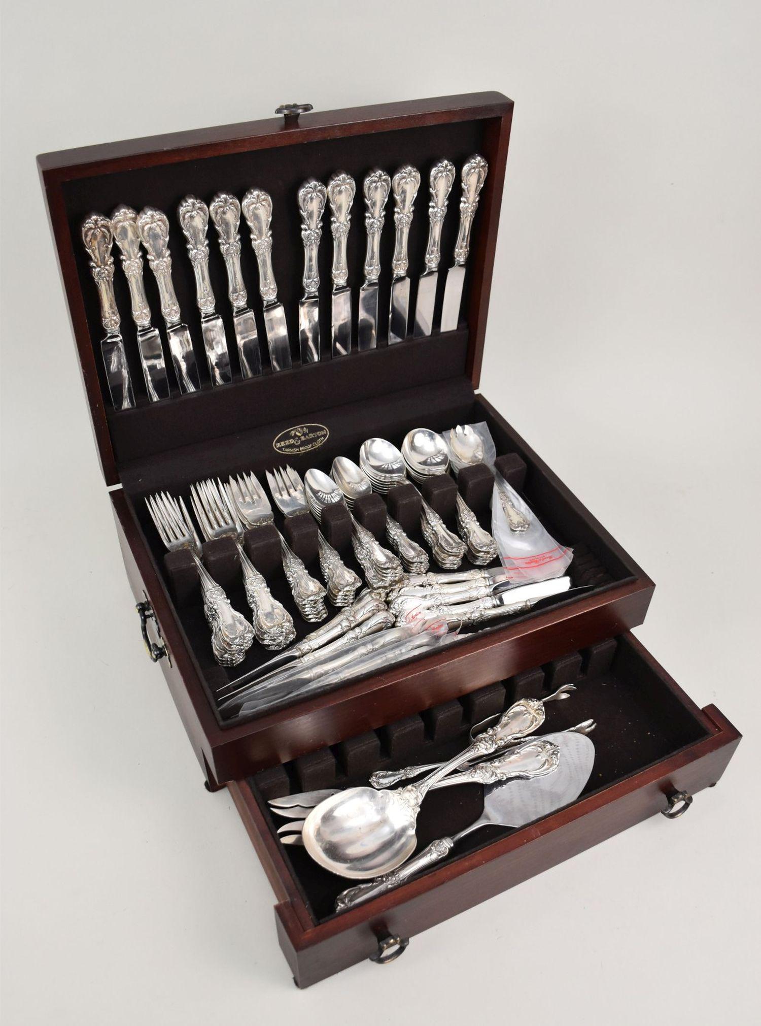 Reed & Barton Sterling Flatware Set, Burgundy Pattern, Incl;  12 Dinner Knives, 12 Dinner Forks, 12 (1 of 7)