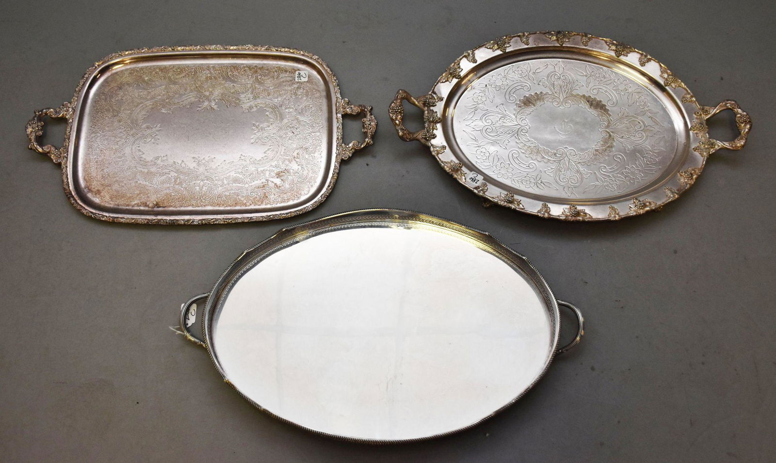 3 Silver Plated Handled Trays, Oval Reticulated Gallery (28" handle to handle), Oval with Grape (1 of 5)