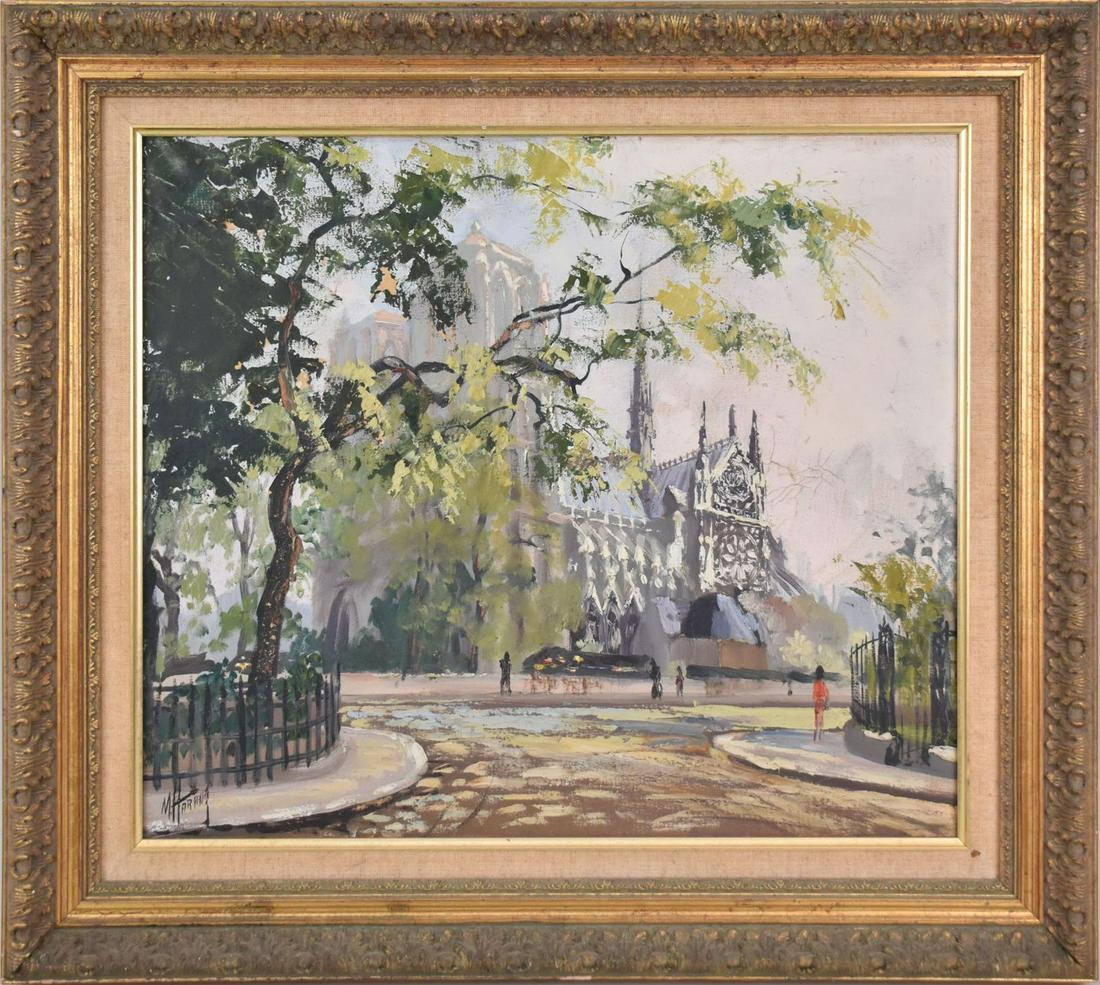 French School ca. 1957.  oil on canvas painting of Notre Dame, signed illegibly lower left, 18 x 21 (1 of 7)