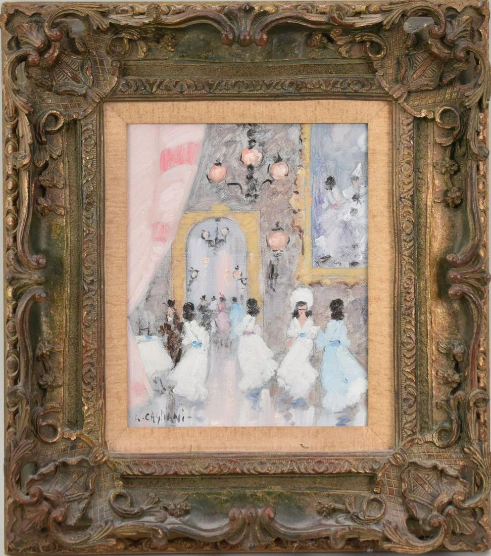 Luigi Cagliani (1910 - 1987) oil on canvas, ballroom scene, signed lower left, 10" x 8" canvas, 17" (1 of 8)