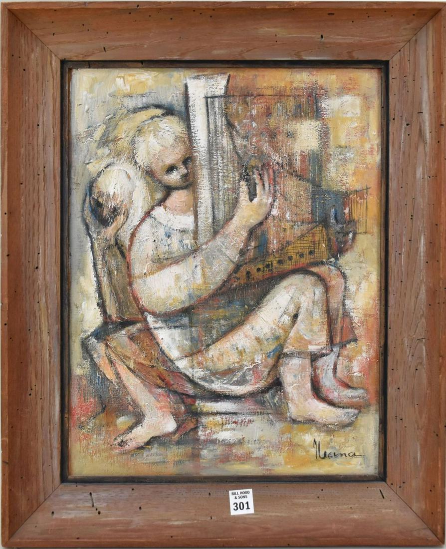 Mid Century Modern Abstract Oil on Canvas Board. Titled on back â€œHarpist #8.â€ Signed illegibly: Mid Century Modern Abstract Oil on Canvas Board. Titled on back â€œHarpist #8.” Signed illegibly lower right. 18” x 14” sigh, & 22” x 19â€™ framed