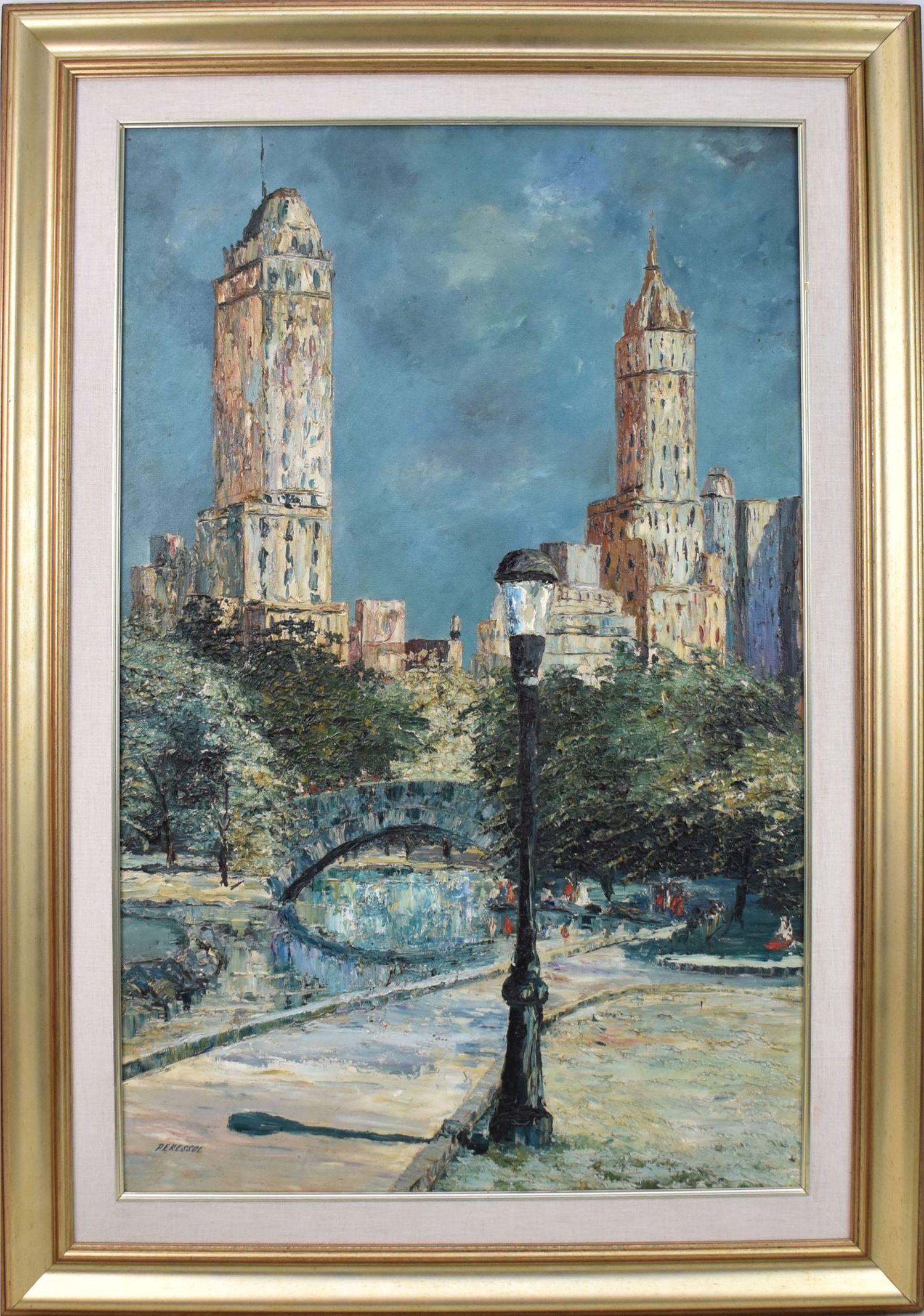 LUIS PERESSOL (B. 1927, Cuba) oil on canvas, city bridge scene, 36" x 24" canvas, 45" x 32" overall (1 of 7)