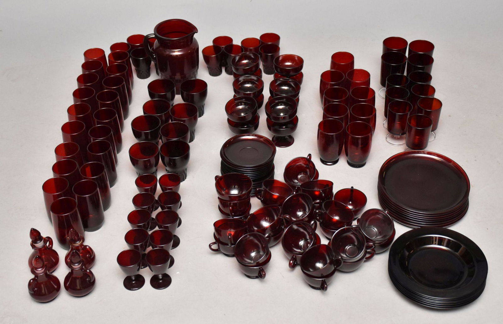 Large Collection Ruby Glass, Mostly Vintage Pieces, incl;  12 Ruby Clear Footed  Water Glasses (3 (1 of 7)