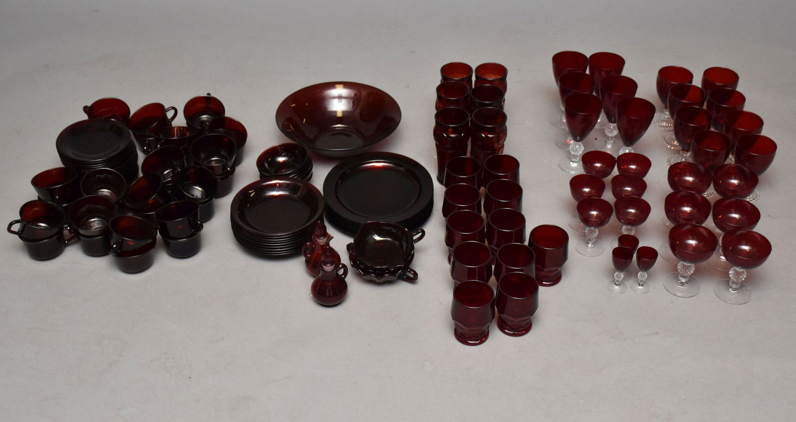 Large Collection Ruby Glass, Mostly Vintage Pieces, incl;  31 Shape Teacups  & 7 Saucers (2  Sizes), (1 of 6)