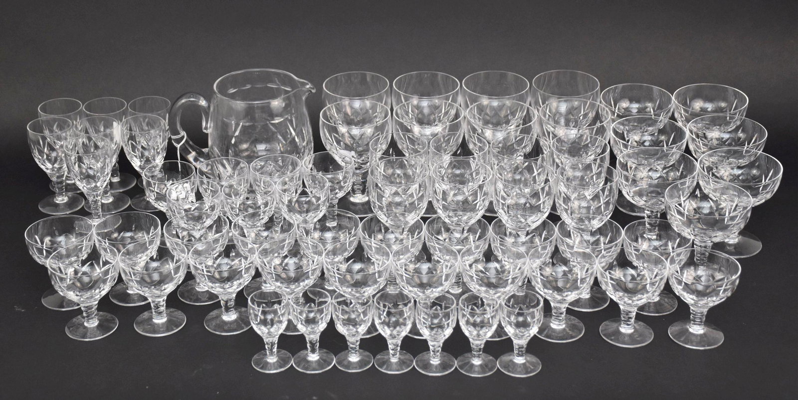 Lot of Stuart Stemmed Glasses, Assorted Sizes and Pitcher: Lot of Stuart Stemmed Glasses, Assorted Sizes and Pitcher