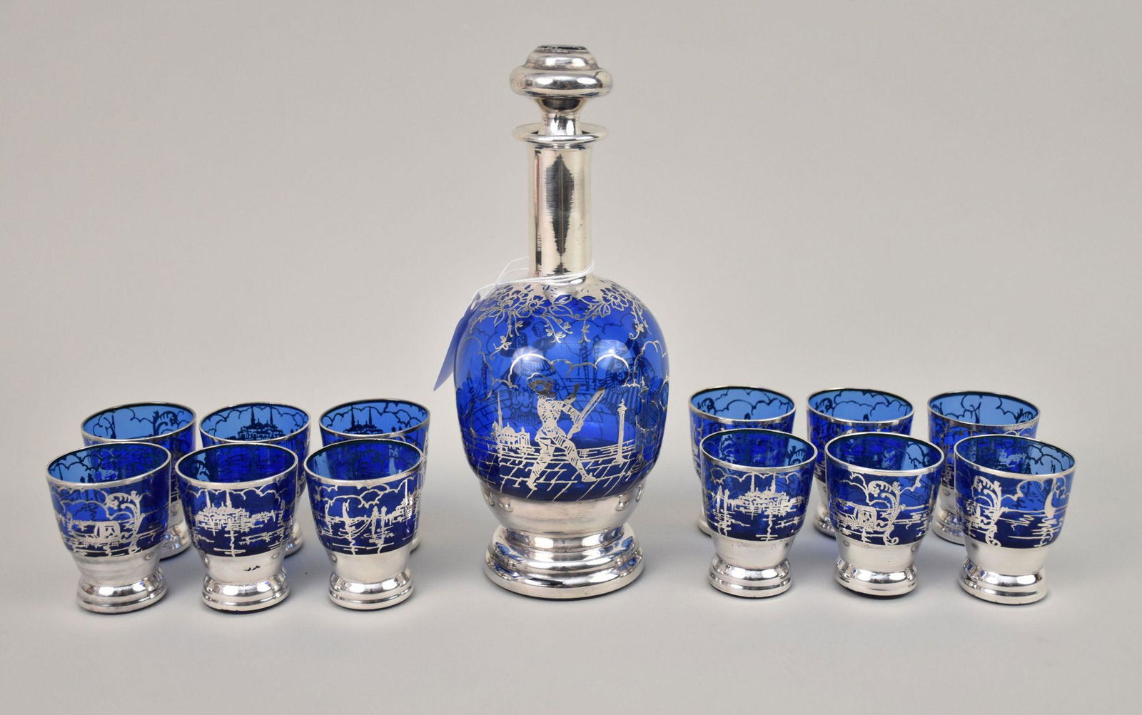 Set of Vintage Silver Deposit on Cobalt Blue Cordial Set, 12 Glasses & Decanter (1 of 6)