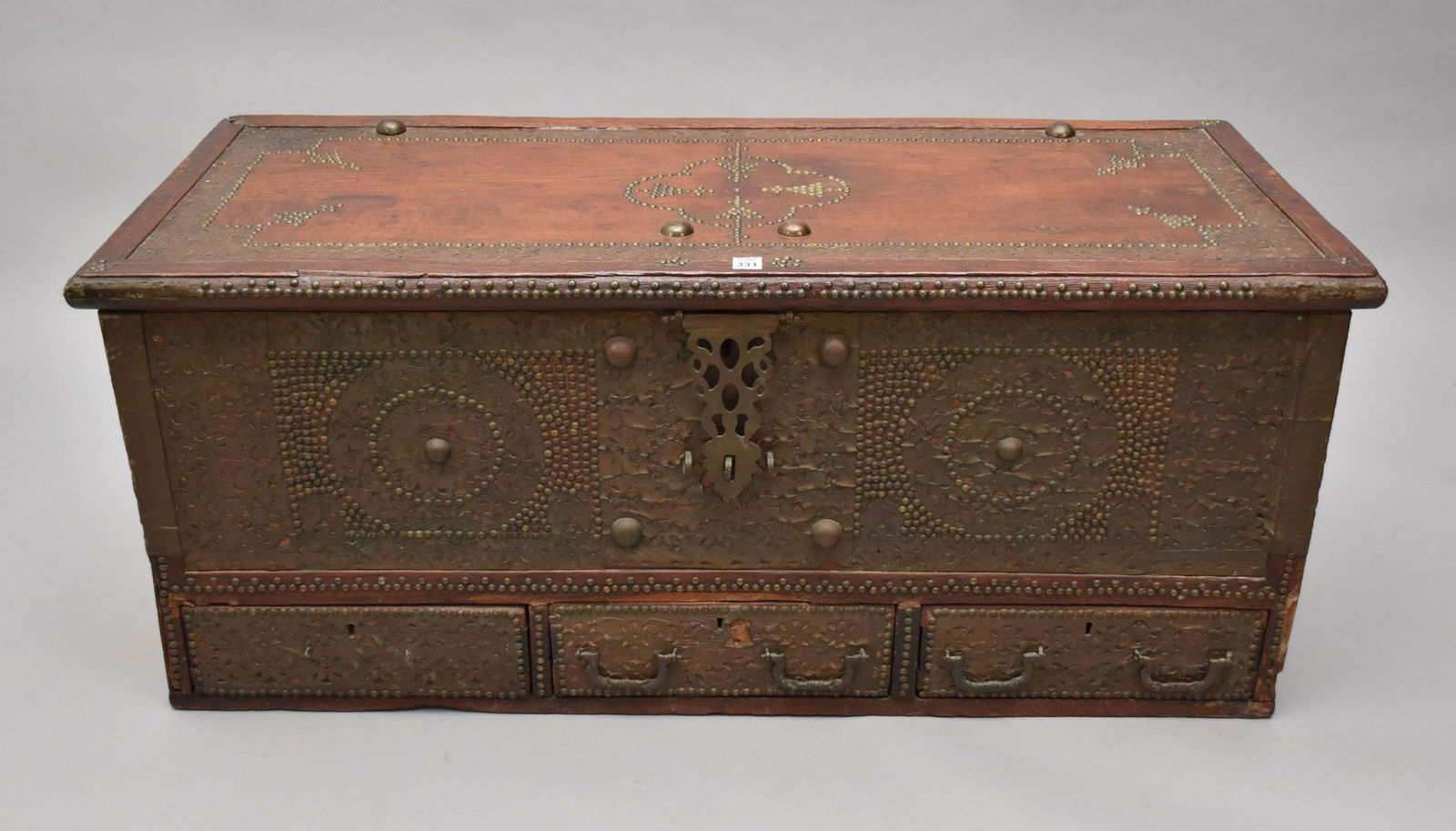 19th c. Trunk with Brass Nail Head Design and Pierced Metal Work, Candle box Interior with 3 Drawers (1 of 10)