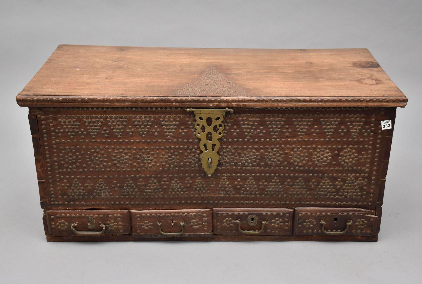 19th c. Trunk with Brass Nail Head Design with 4 Drawers Across Bottom, 18"h x 39 1/2"w x 17 5/8"d (1 of 6)