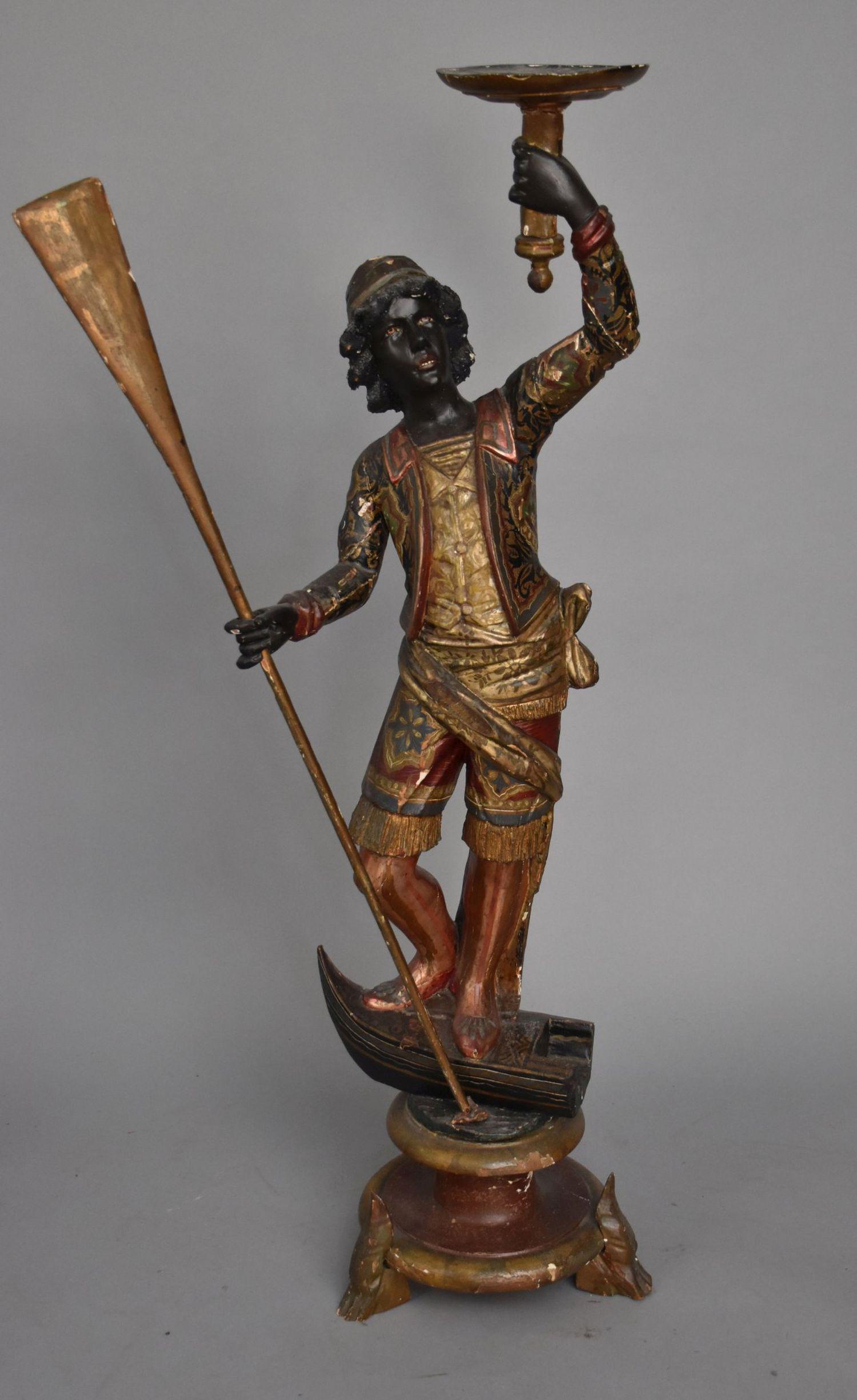 Antique Venetian Carved Polychrome Blackamoor Gondolier Figure- Italy, 18th - 19th century. A figure (1 of 12)