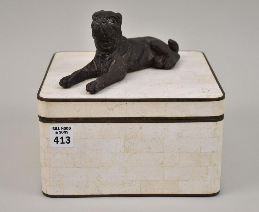 Maitland Smith Lidded Box with Reclining Mastiff on Top, 8"h x 8" square (1 of 8)