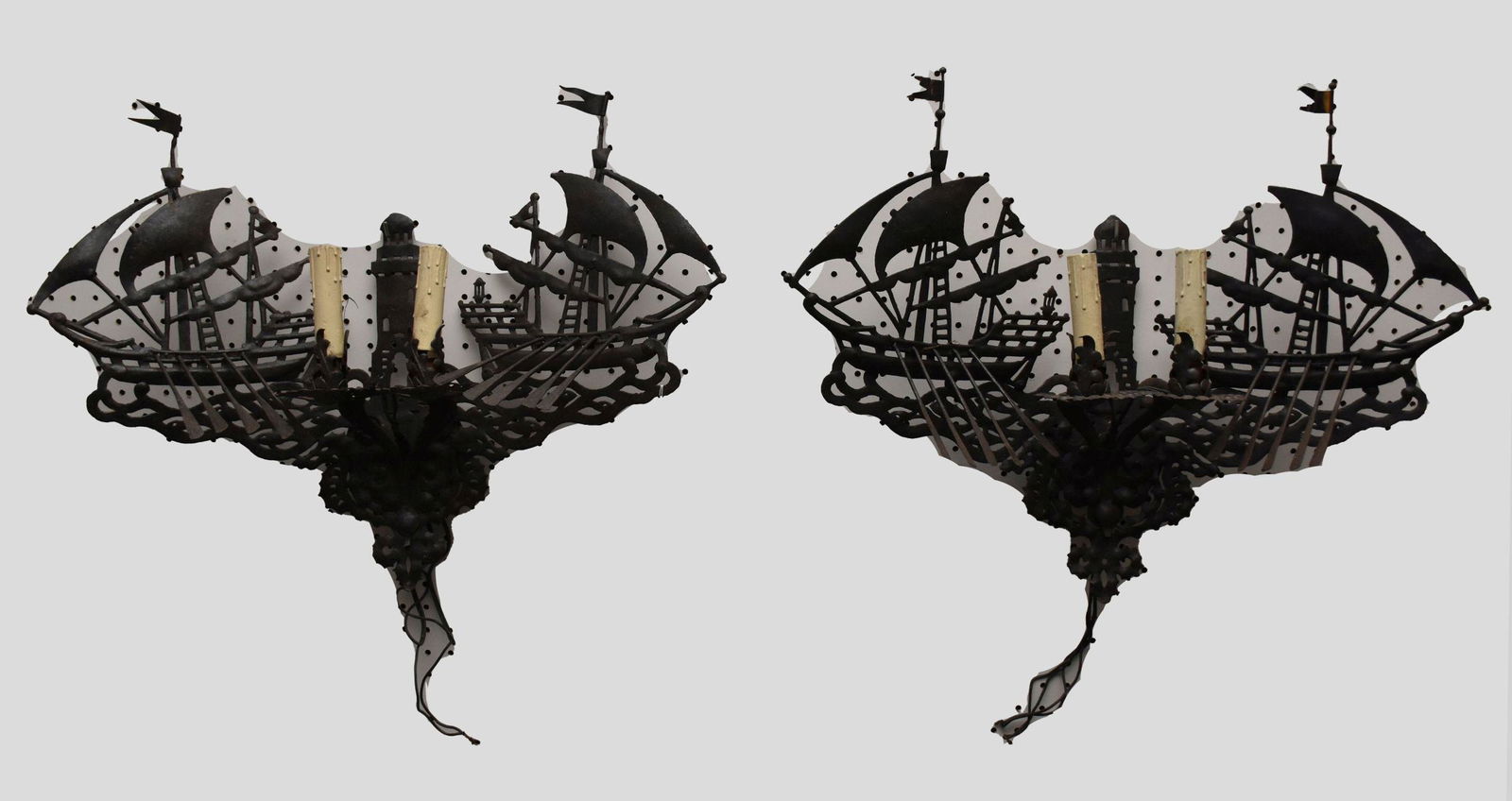 Pair Black Metal Ship Motif Double Light Wall Sconces, 14"h x 26"w (1 of 5)