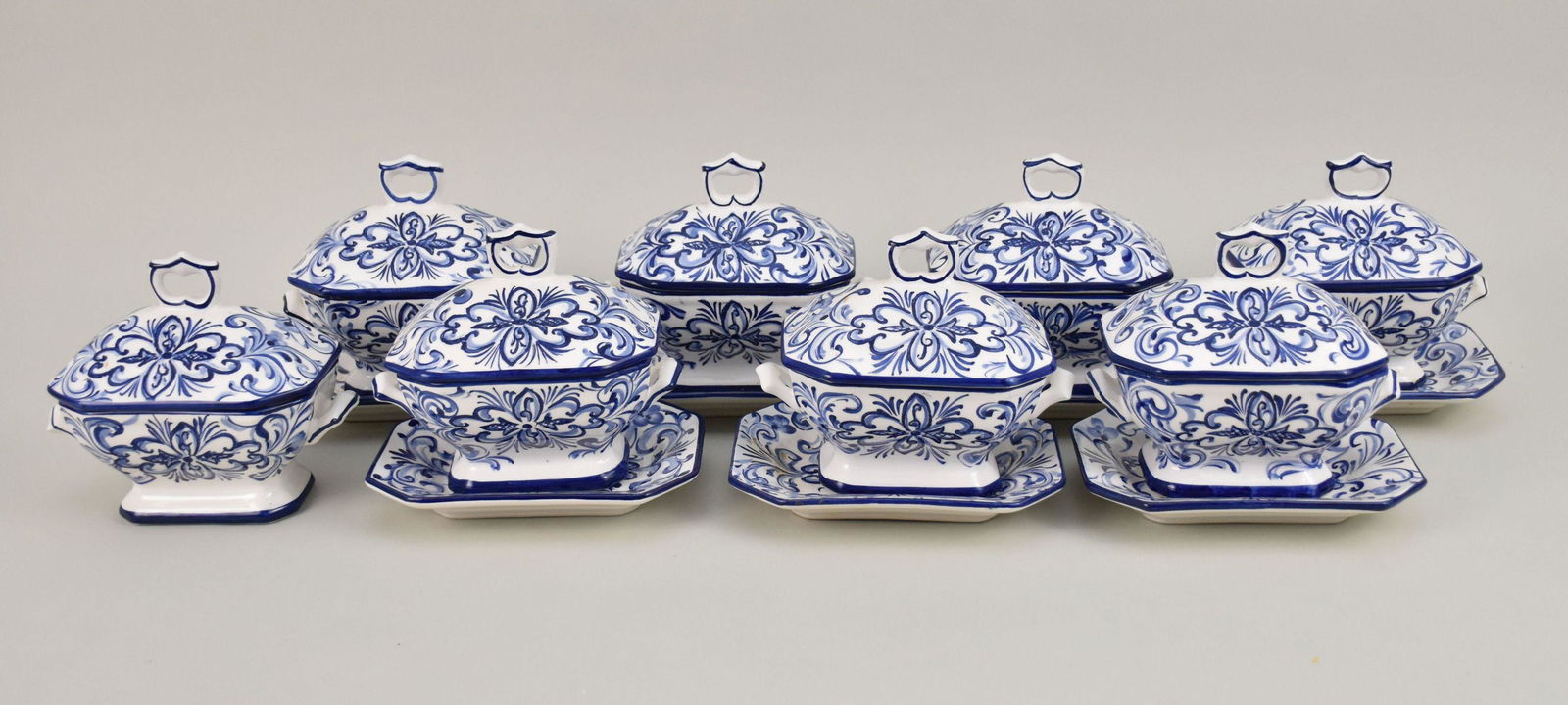8 Individual Pottery Covered Tureens with Liners (one sans liner), Blue & White, 5"h x 6"w Tureens (1 of 6)