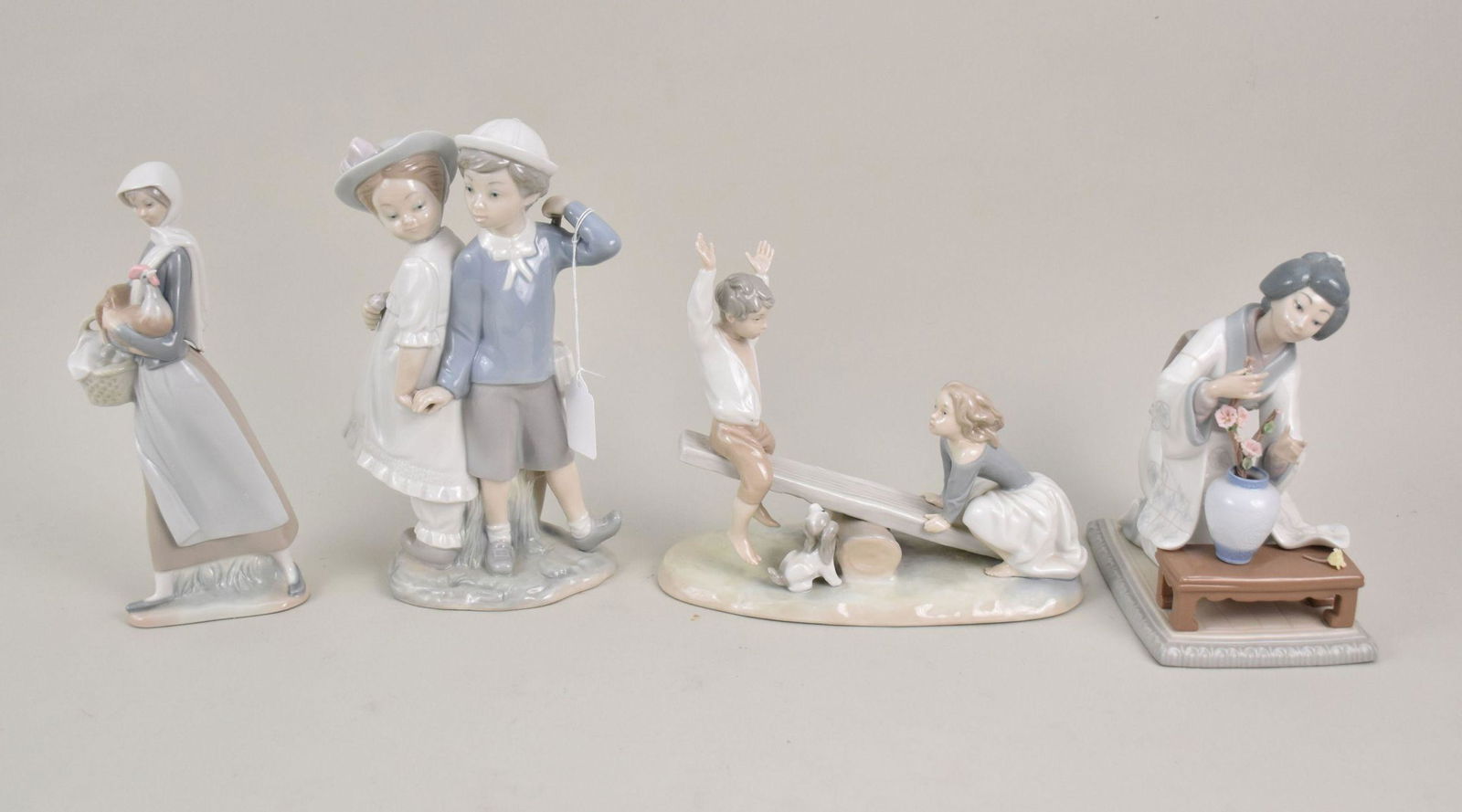 4 Lladro Porcelain Figurines, Japanese Kneeling Girl with Flowers, Children on Seesaw, Girl with (1 of 5)