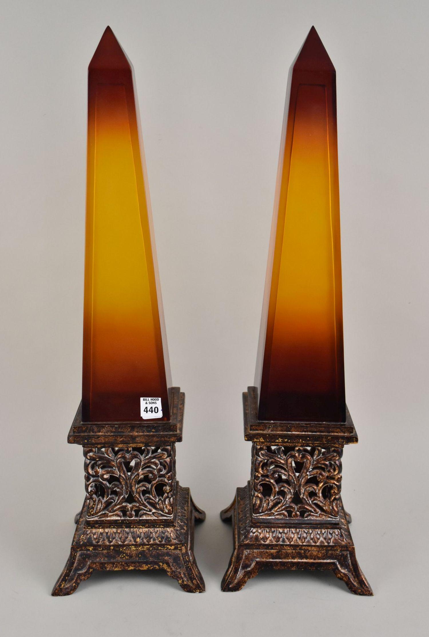 Pair Amber Colored Decorative Composition Obelisks, 28"h: Pair Amber Colored Decorative Composition Obelisks, 28"h