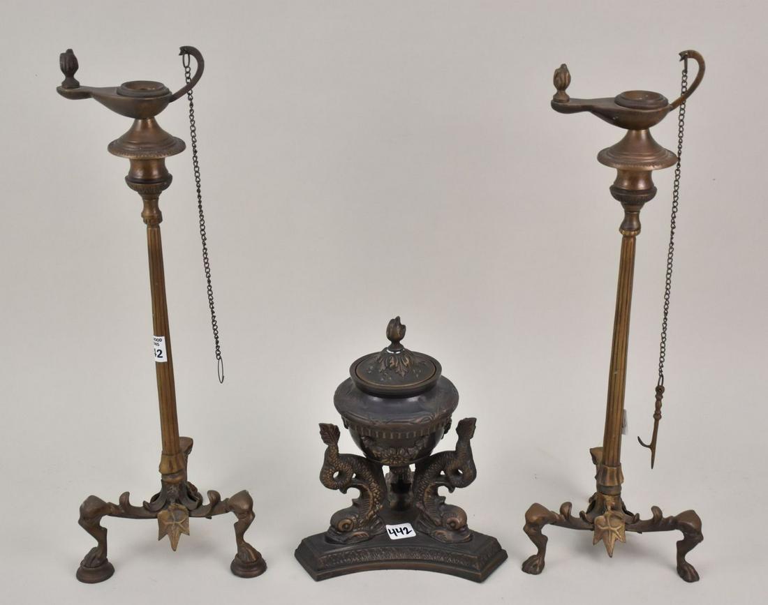 Pair Bronze Oil Lamp Stands with Hoof Feet (20"h) And Bronze Incense Burner with Dolphin Trifed Base (1 of 6)
