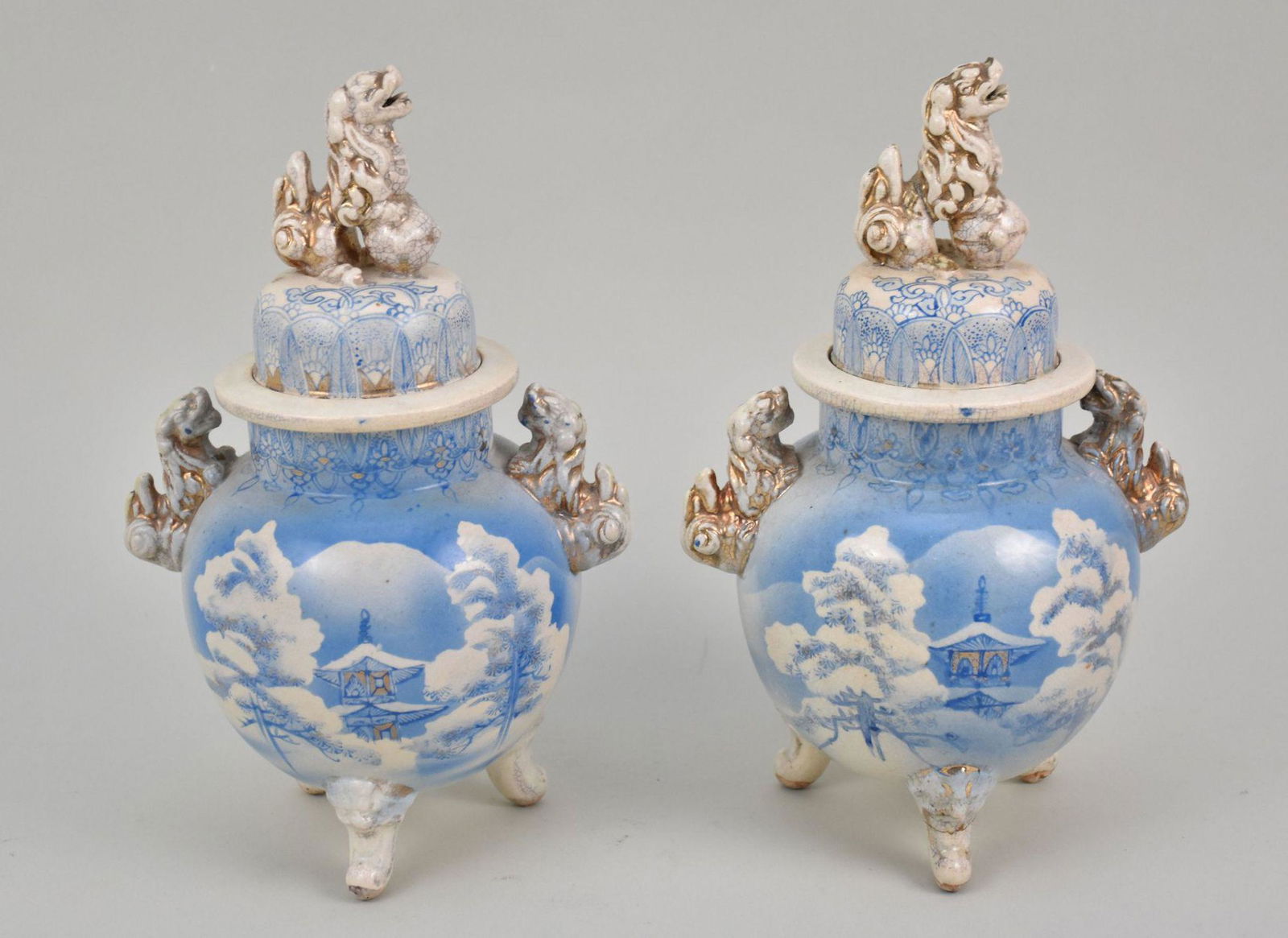 Pair Satsuma Jars with Lids, Meiji Period, Blue Pagodas with Clouds and Foo Dog Finials (1 of 9)