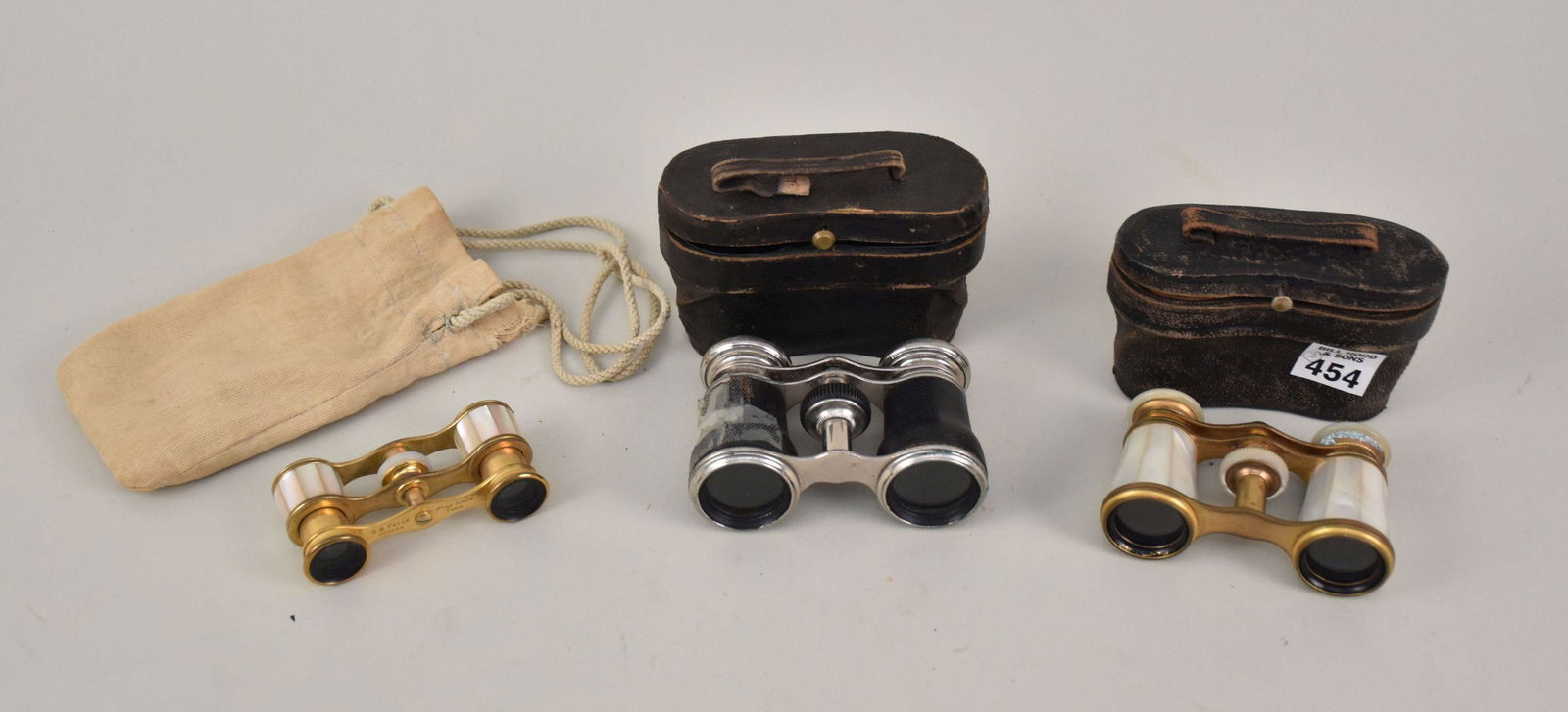 3 Vintage Opera Glasses, Mother of Pearl in original case (no marks), Silver Colored One Marked (1 of 8)