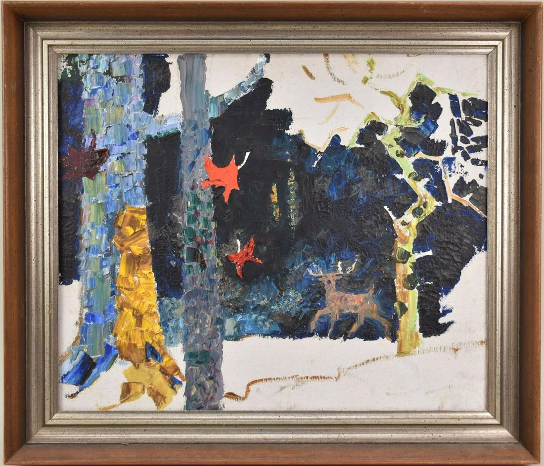 Coulton Waugh (AMERICAN, 1896â€“1973) oil on canvas, "Deer and Sycamore", "The Buck" titled on back, (1 of 7)