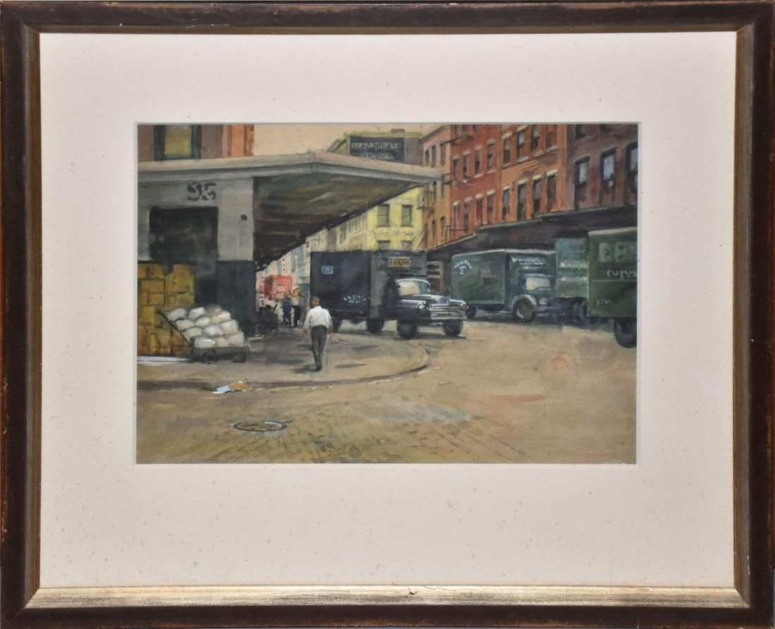 Frank C. Herbst (1912 - 1970) watercolor on paper, street corner scene, 11" x 15 1/4" sight, 20" x (1 of 6)