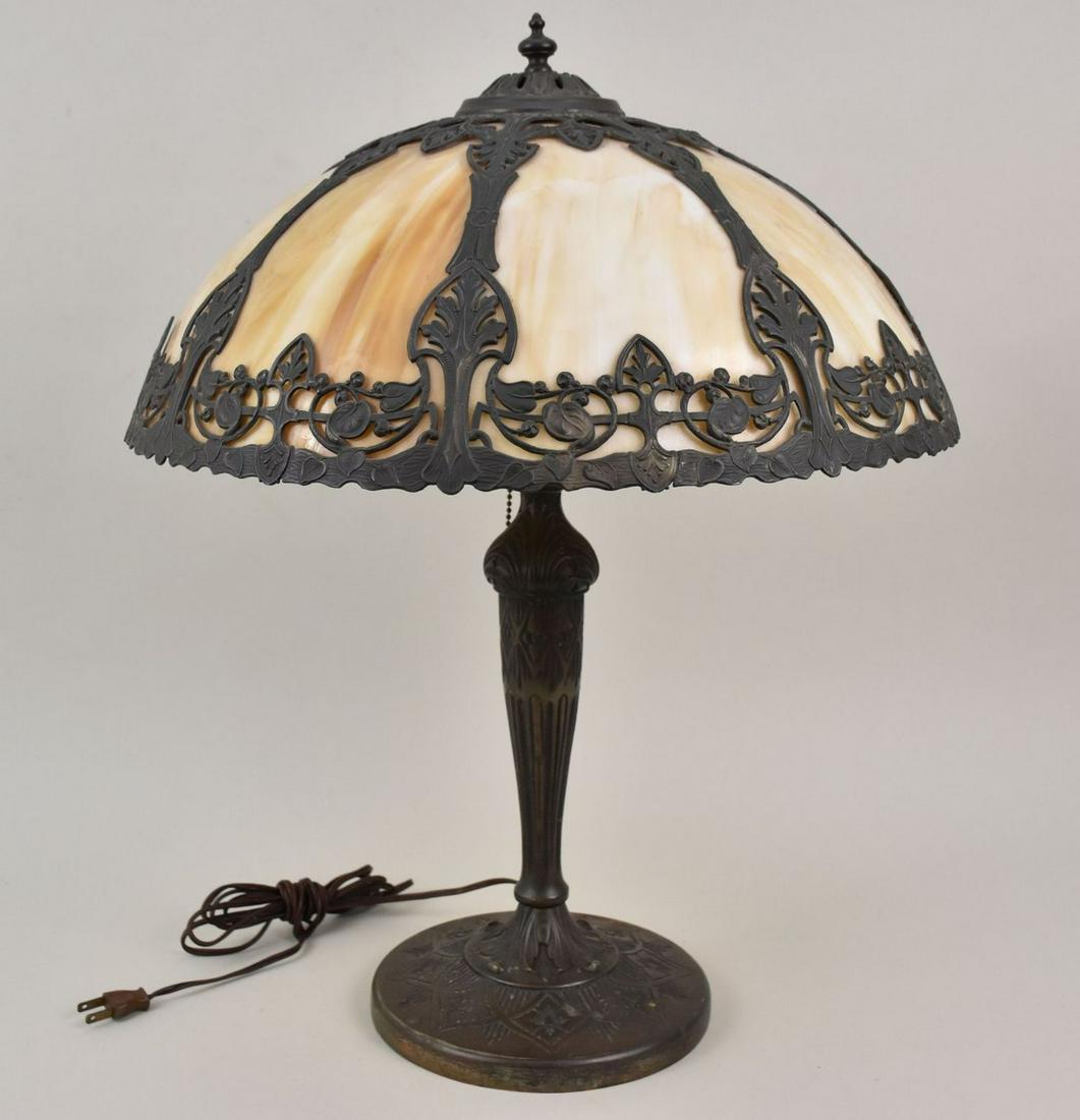 Bronze Slag Glass Lamp - An antique two-light fixture lamp with a caramel colored slag glass shade (1 of 8)