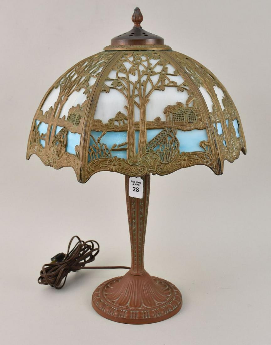Antique Edward Miller & Co Slag Glass Lamp - A six-sided slag glass shade with glass that varies (1 of 6)