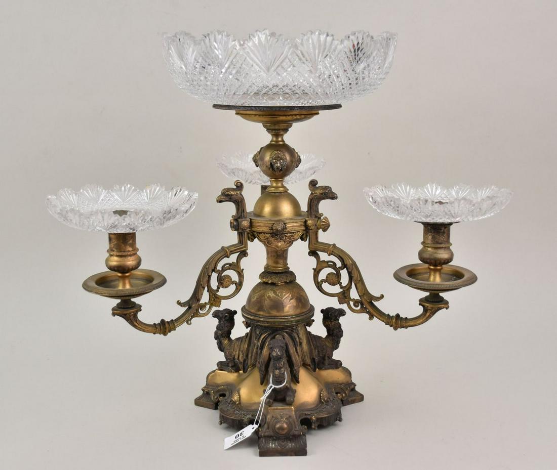 Egyptian Revival Epergne, Mixed Metal with Cut Glass Saucers, 18"h x 18"w (few chips): Egyptian Revival Epergne, Mixed Metal with Cut Glass Saucers, 18"h x 18"w (few chips)