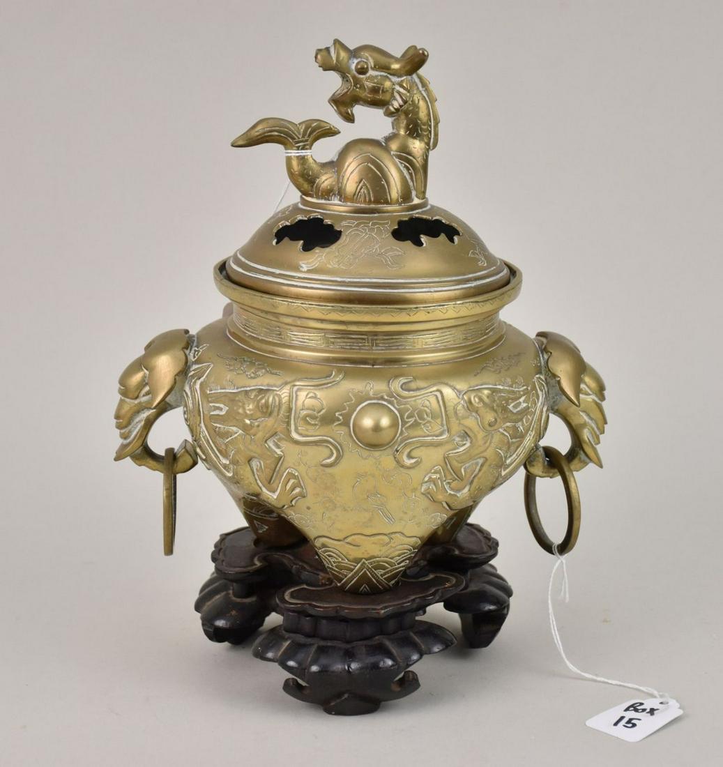 Bronze Incense Burner with Elephant Handles with Ring on Fitted Base (1 of 8)