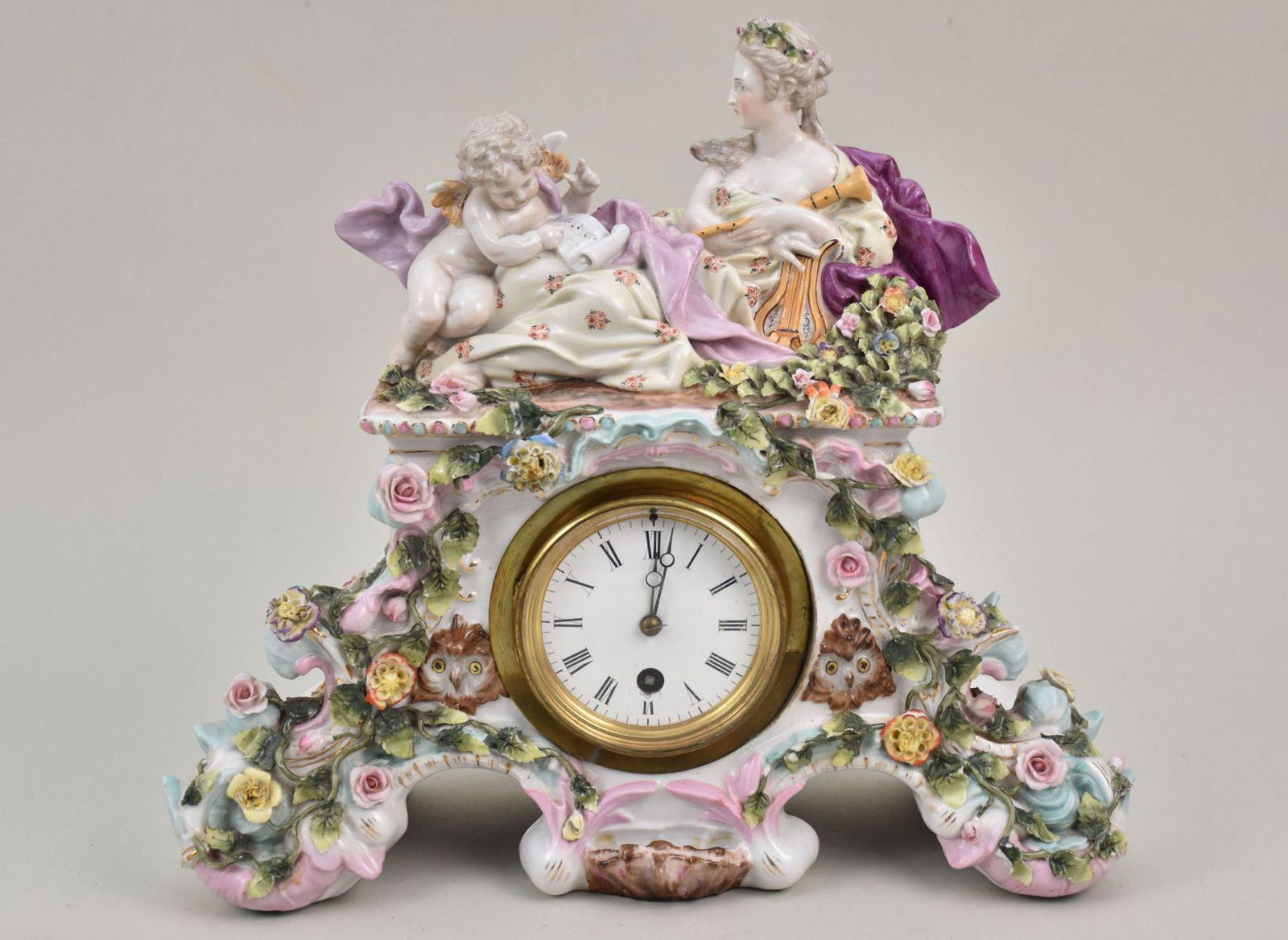 Porcelain German Figural Shelf Clock, 12"h x  13 1/2"w x 5"d (1 of 17)