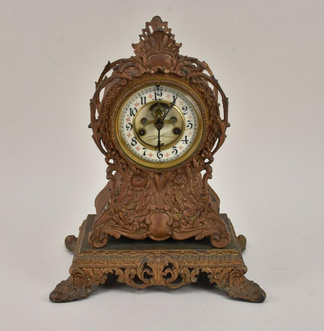 Antique Ansonia Gilded White Metal Fancy Shelf Clock, 14"h x 11"w (crack) (1 of 9)