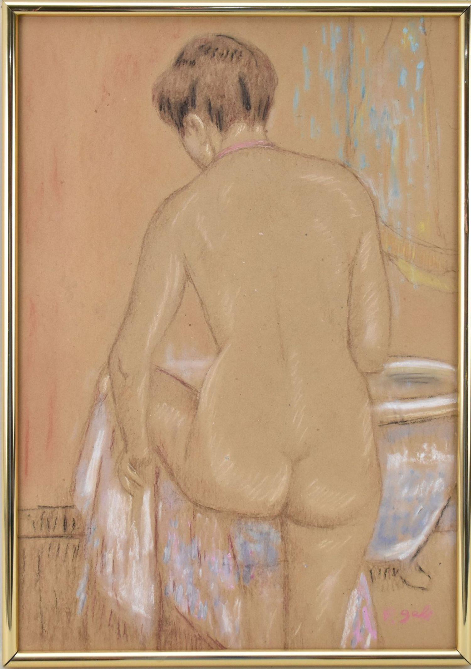 Francois Gall (FRENCH/HUNGARIAN, 1912â€“1987) pastel chalk on cardboard, nude bather, signed lower: Francois Gall (FRENCH/HUNGARIAN, 1912â€“1987) pastel chalk on cardboard, nude bather, signed lower right and reverso, 25" x 18"
