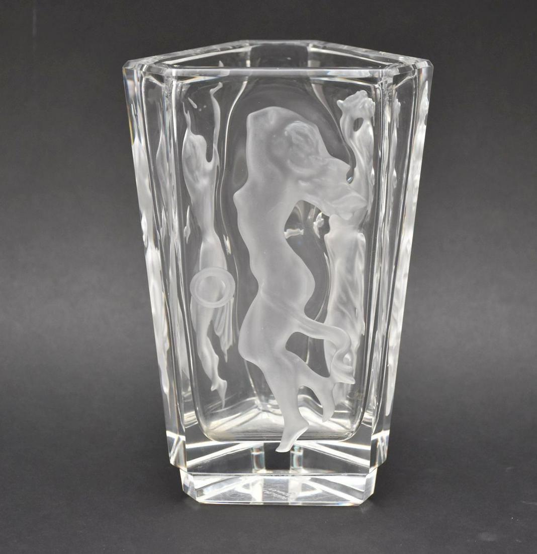 Lalique Triangular Art Glass Vase with Nudes - A clear, triangular glass vase, having frosted (1 of 7)