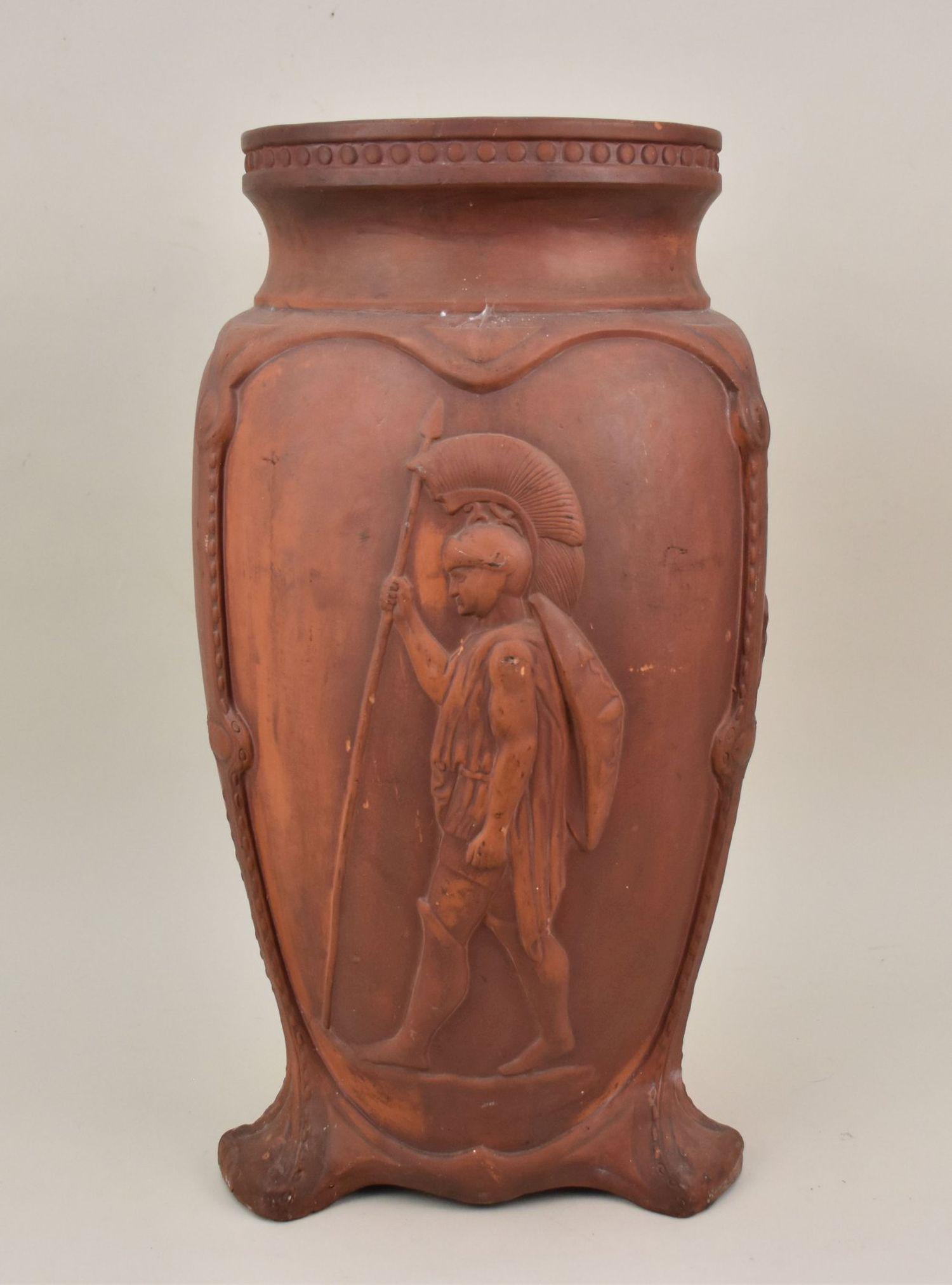 Terracotta Umbrella Stand, Grecian Figures in Relief, 22"h x 11"w (damage & repair to one foot) (1 of 10)