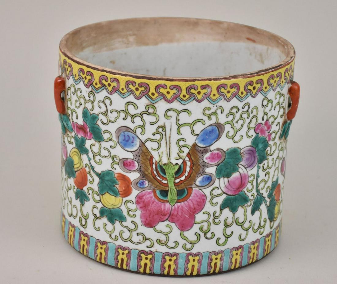 Chinese Faille rose Porcelain Brush Pot - A cylindrical pot with family rose enamels featuring (1 of 6)