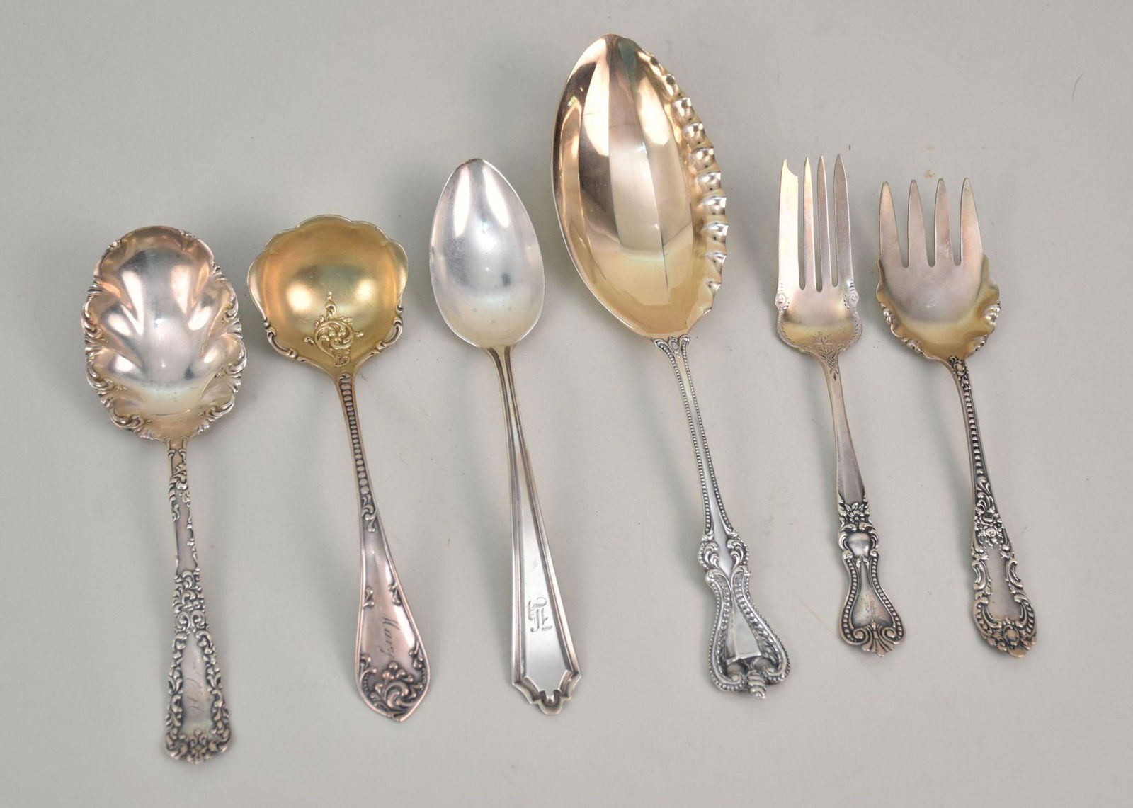 Sterling Silver Serving Pieces. 6 pieces various makers. Weight 12 ozts. (1 of 3)