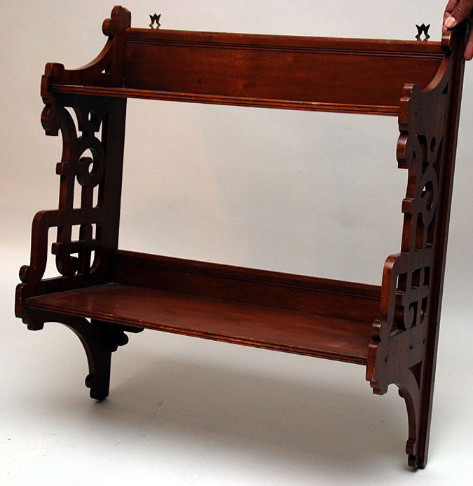 Hanging mahogany 2 tier shelf with pierced sides, 3: Hanging mahogany 2 tier shelf with pierced sides, 30"h x 27"w x 11"d