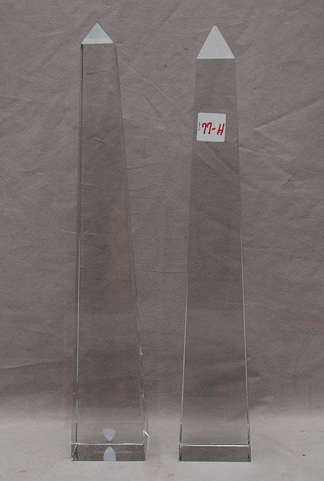 Pair crystal Orrefors obelisks, 16"h (has chips): Pair crystal Orrefors obelisks, 16"h (has chips)