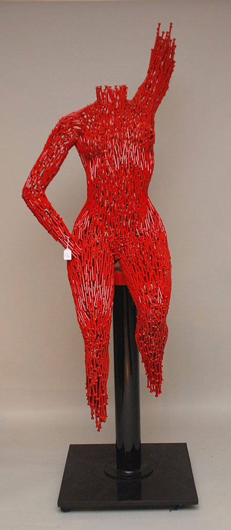 Niso Maman (ISRAELI, 1957) Contemporary red lacquer: Niso Maman (ISRAELI, 1957) Contemporary red lacquered female Sculpture "Red Bar Stool" made of welded Nails, figure on lacquered pedestal, (Purchased at Lincoln Road Fine Arts in 2010 for $8,000 comes
