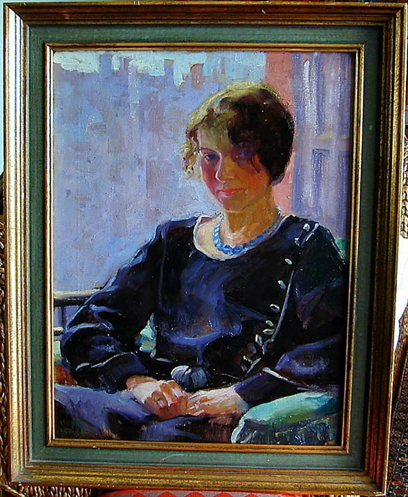 KEITH WARD (AMER 1906-2000) FAUVIST OIL ON CANVAS : KEITH WARD (AMER 1906-2000) FAUVIST OIL ON CANVAS Depicting an early 20thc scene of an elegant young lady sitting on a balcony with an urban skyscraper landscape in the background; the model is depict