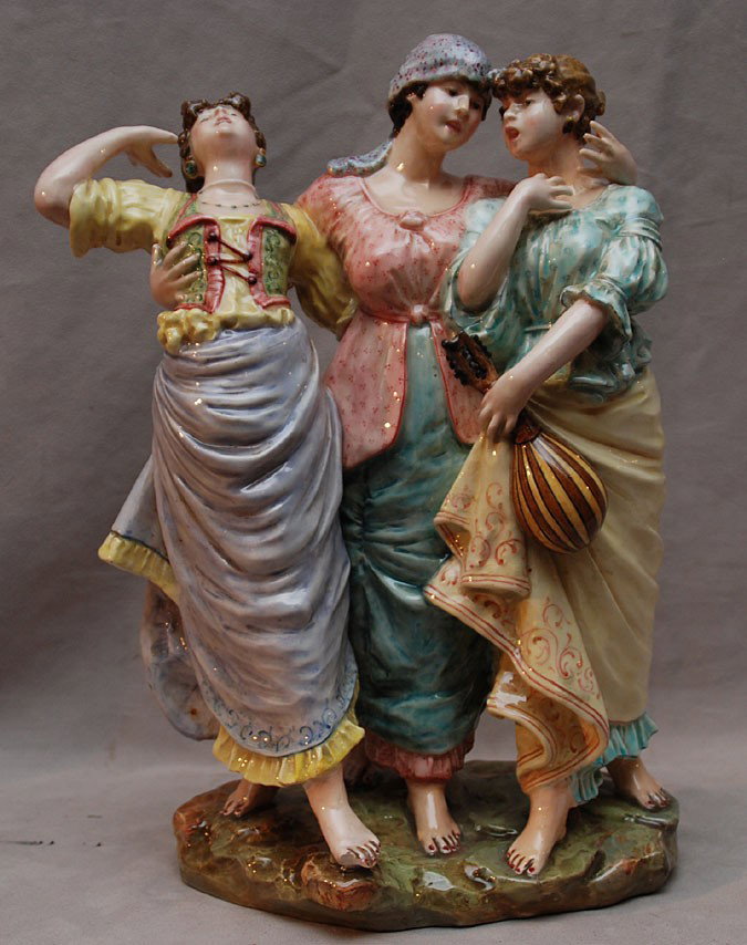 Delphin Massier porcelain figurine of 3 ladies (re: Delphin Massier porcelain figurine of 3 ladies (repair to one big toe and age crack on one) 14"h x 9"w