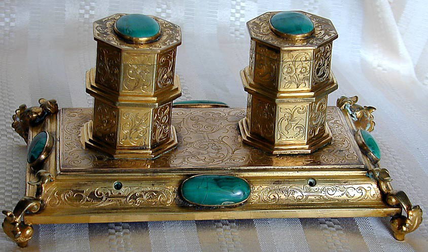 ANTIQUE FRENCH BRONZE & MALACHITE INKWELL Mid-19th: ANTIQUE FRENCH BRONZE & MALACHITE INKWELL Mid-19thc inkwell of bronze dore mounted with malachite stones, measures 8"" x 4.5"" x 4""."
