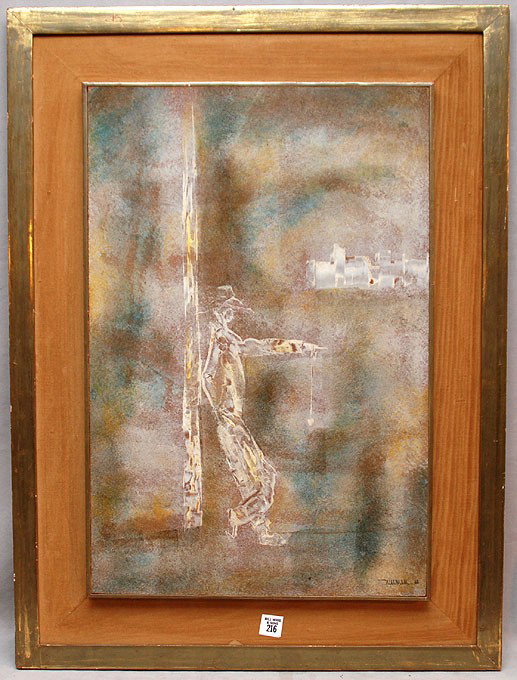 Leonardo M. Nierman (Mexico 1932 - ) oil on masso: Leonardo M. Nierman (Mexico 1932 - ) oil on massonite, man leaning on post, signed & dated '60 lr, 23"x15"