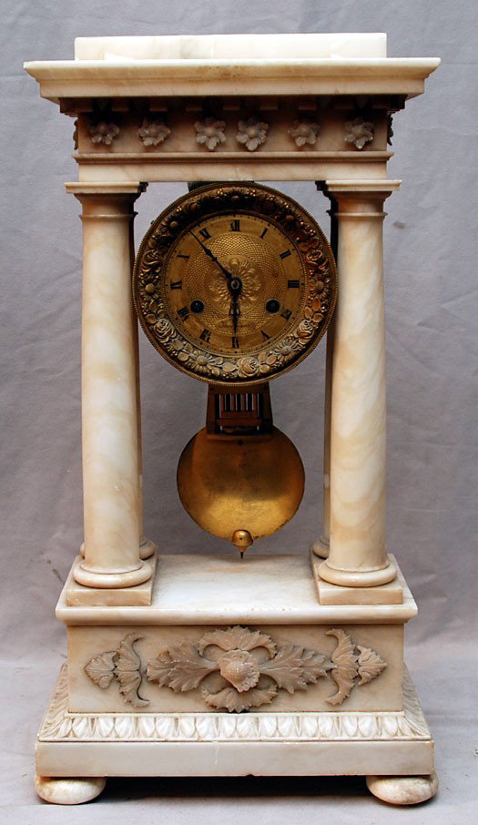 Classical marble column shelf clock with bronze fa: Classical marble column shelf clock with bronze face and pendulum, bell chime, 1 hour & 1/2 hour , 7 day, 20 1/2"h x 10"w x 6 1/2"d