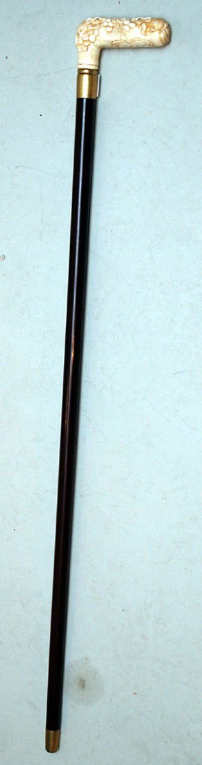 Walking stick with marine ivory handle, mice and b: Walking stick with marine ivory handle, mice and bunnies, 36"L