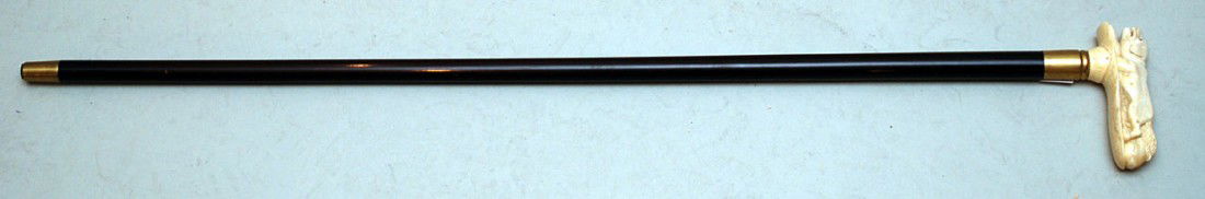 Walking stick with marine ivory handle, dog and pu: Walking stick with marine ivory handle, dog and puppy, 36"L