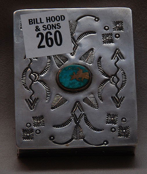 ANTIQUE SW NATIVE AMERICAN INDIAN SILVER & TURQUOI: ANTIQUE SW NATIVE AMERICAN INDIAN SILVER & TURQUOISE BOX Signed with the initial R and measuring 3 1/8""W x 2.5""D x 1 1/8""H, very good condition."